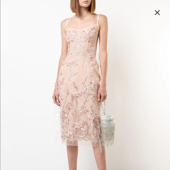 MARCHESA NOTTE
Ostrich Feather Trim Embroidered Corset Dress In Pink - Picture 2 of 5